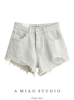 重工水洗做旧毛边破洞中高腰牛仔短裤复古高街辣妹a字阔腿热裤潮