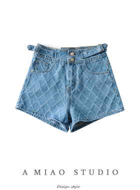 小众设计感夏季新款女复古做旧打磨菱形格高腰牛仔短裤牛仔热裤女
