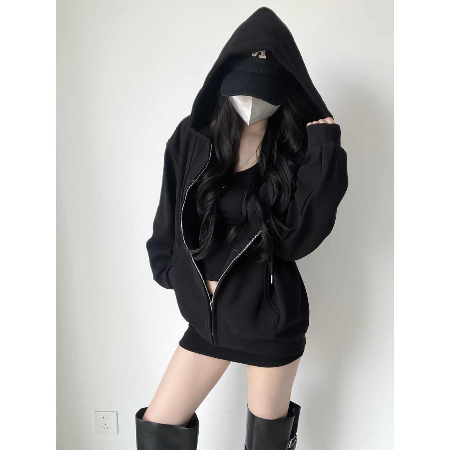 蕾丝花边连帽拉链卫衣外套