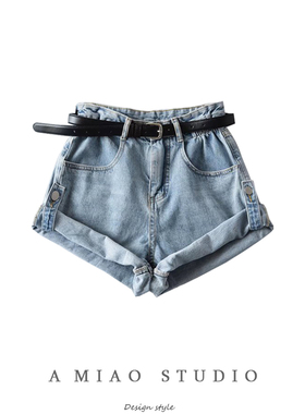 高腰卷边牛仔短裤夏季新款女纯欲辣妹风两穿水洗做旧A字阔腿热裤