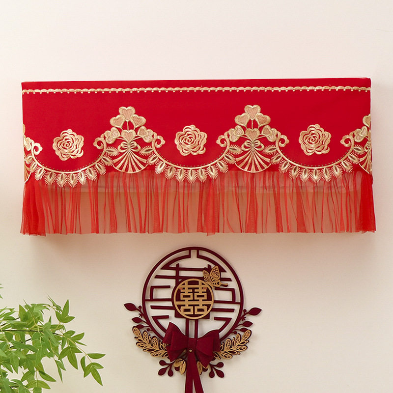DUOBAO结婚红色空调罩挂式喜庆卧室全包格力美的蕾丝空调防尘罩A8