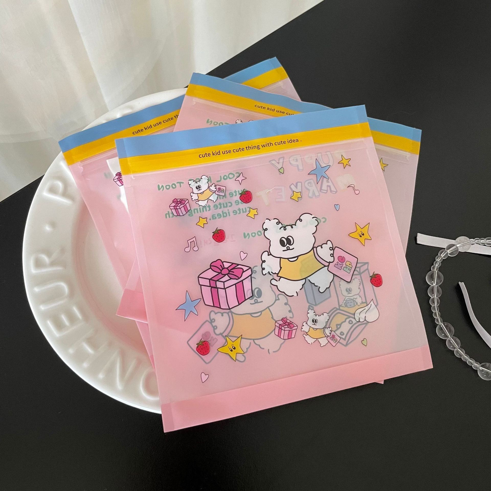 自制版权款 食品级材质 ins粉色小熊加厚发圈包装袋内裤自封袋