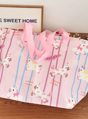 幸运马年可爱粉色编织袋大号大容量购物袋单肩背手提袋环保礼品袋