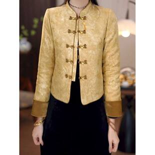 新中式宋锦提花缎夹棉加厚棉衣外套2025冬季新款气质显瘦保暖棉服