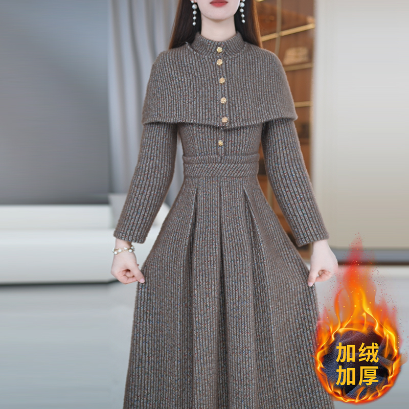 玖慕加绒加厚连衣裙女冬季2025新款收腰气质通勤风中长外穿打底裙