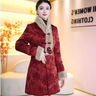 2026新款今年流行爆款白鸭绒新中式女款盘扣提花国风羽绒服中长款