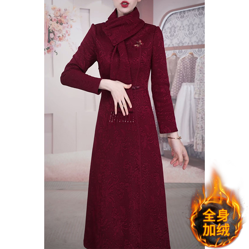 长袖加绒加厚改良旗袍连衣裙女2025秋冬新款妈妈高端婚宴礼服裙子
