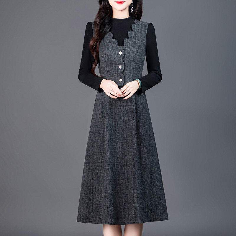 2025春秋新款时尚百搭显瘦洋气中年妈妈装假两件中长款连衣裙女 - 玫瑰俪人出品