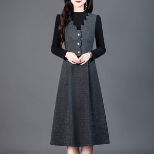 2025春秋新款时尚百搭显瘦洋气中年妈妈装假两件中长款连衣裙女