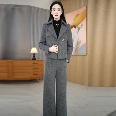 艾丝琪时尚干练休闲套装女冬季2025新款修身加厚西服阔腿裤两件套