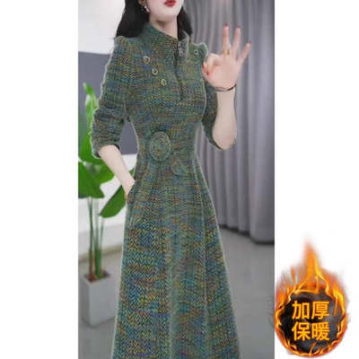 加绒加厚蕾丝连衣裙女2025冬季新款修身遮肚过膝配大衣打底a字裙