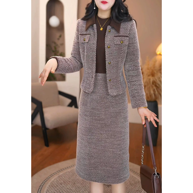 贵夫人加厚两件套长袖连衣裙女2025春秋新款高级感妈妈精致套装裙