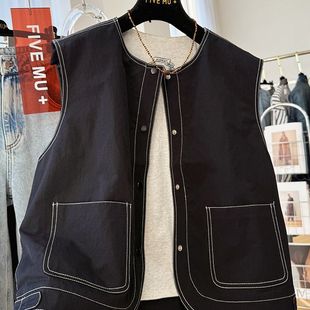 高级感独特别致明线装 外传叠穿上衣 饰圆领无袖 马甲背心外套女春装