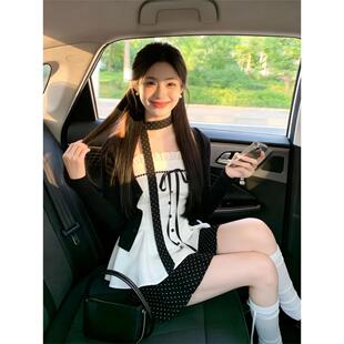 内搭花边蝴蝶结吊带上衣 外套 短裙三件套女 松弛开衫 日落原野集