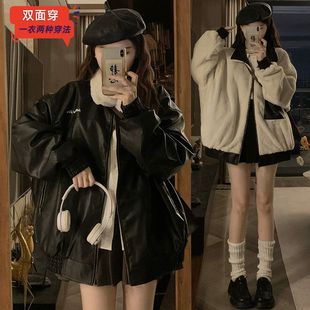 美式 宽松加厚棉服机车服潮 复古黑色羊羔毛双面穿PU皮衣外套女冬季