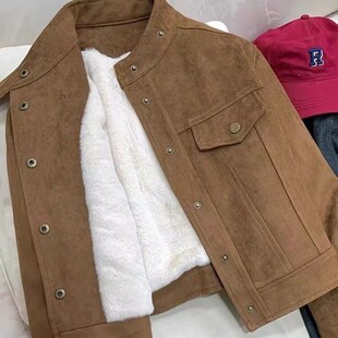 加绒加厚麂皮绒外套女冬季新款立领仿兔毛内胆保暖短款夹克上衣潮