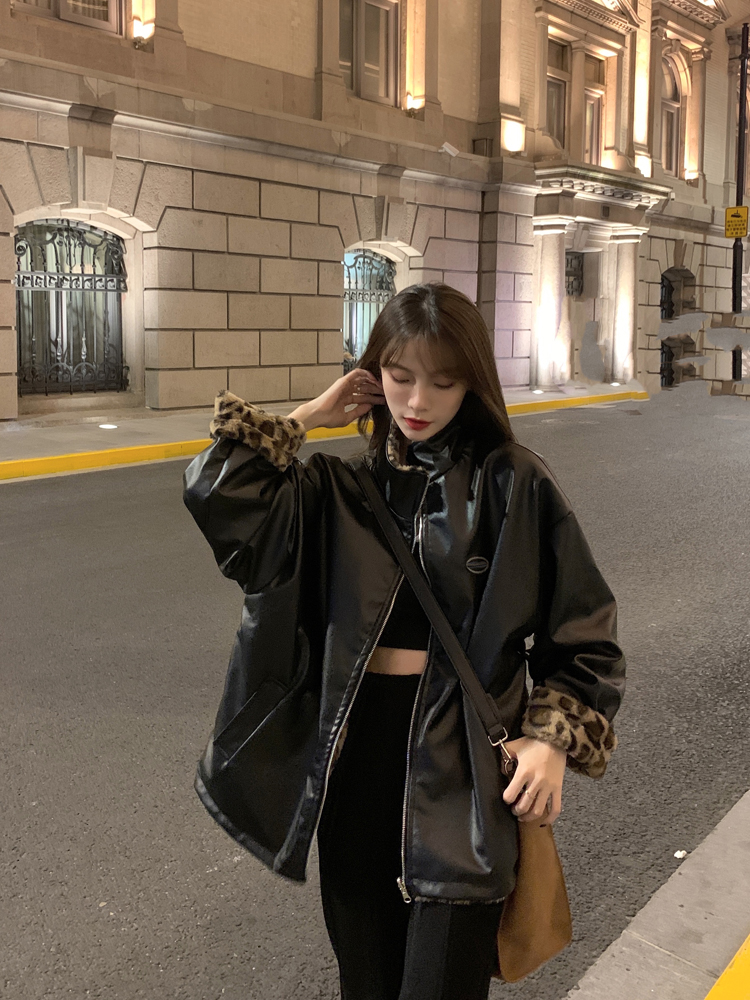 皮衣外套女豹纹毛绒双面穿皮袄