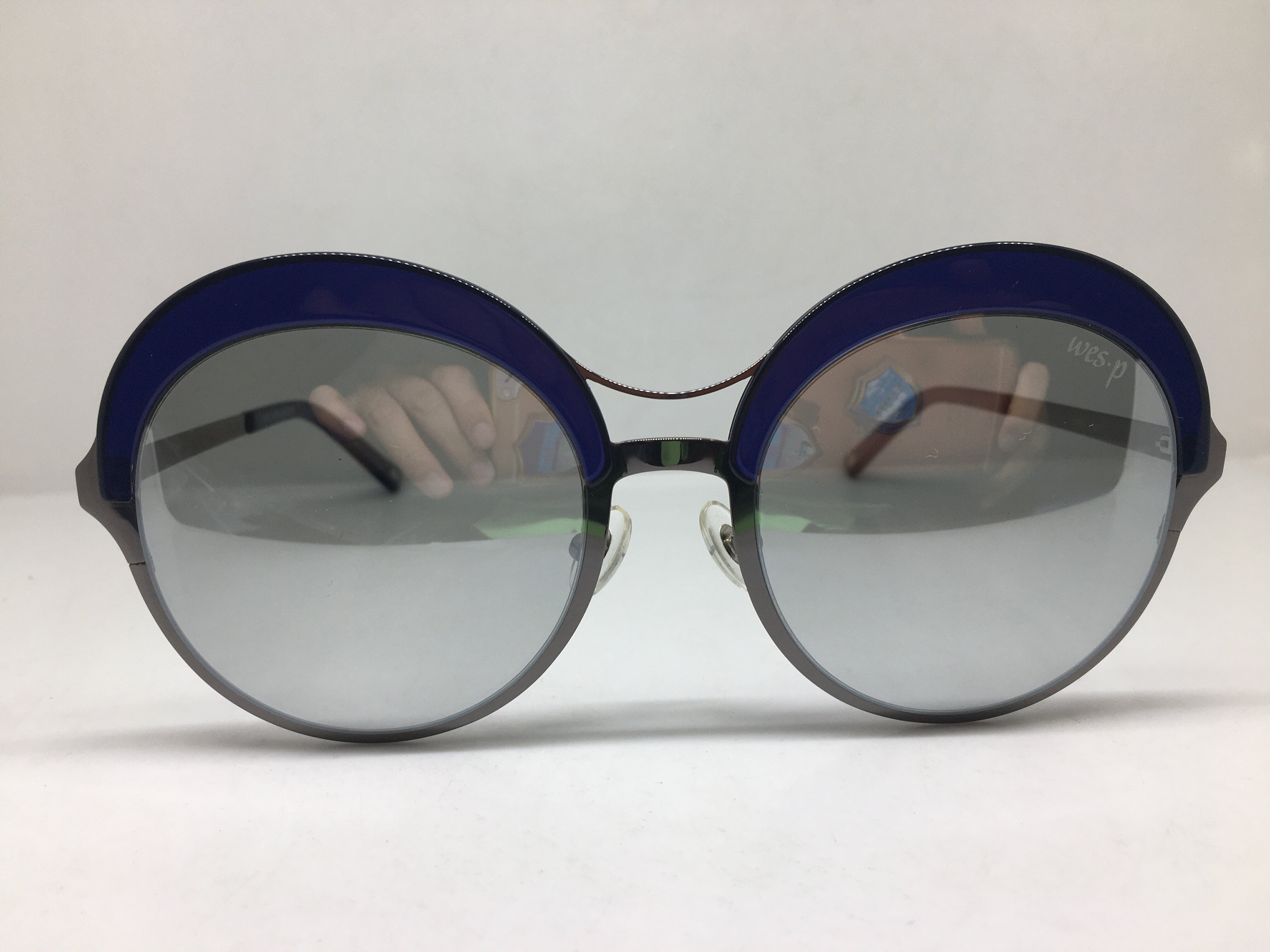 WES WS-T8033 银色圆框太阳镜蓝色边偏光墨镜