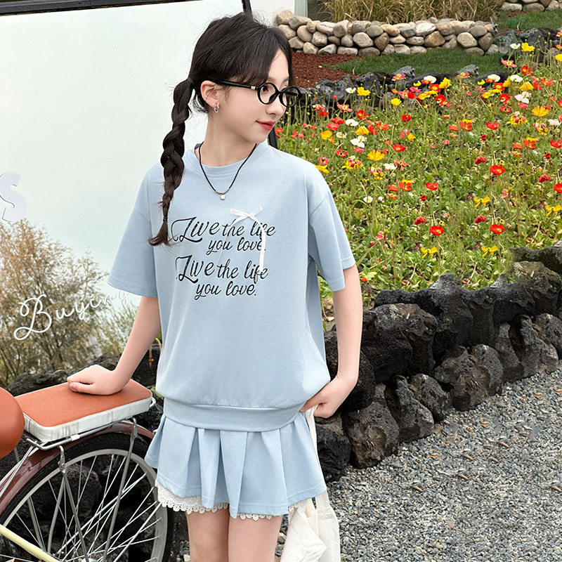 女童夏款休闲套装新款女孩韩版宽松短袖百褶裙两件套洋气套裙