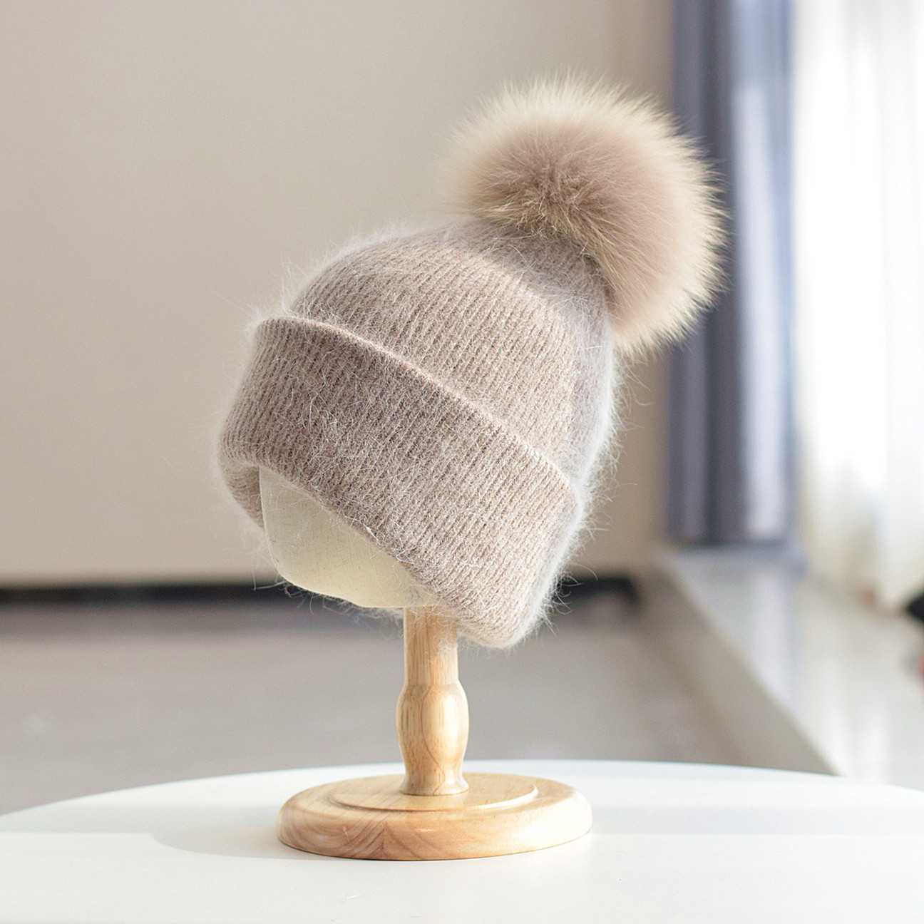 日系兔毛球护耳针织帽女冬保暖