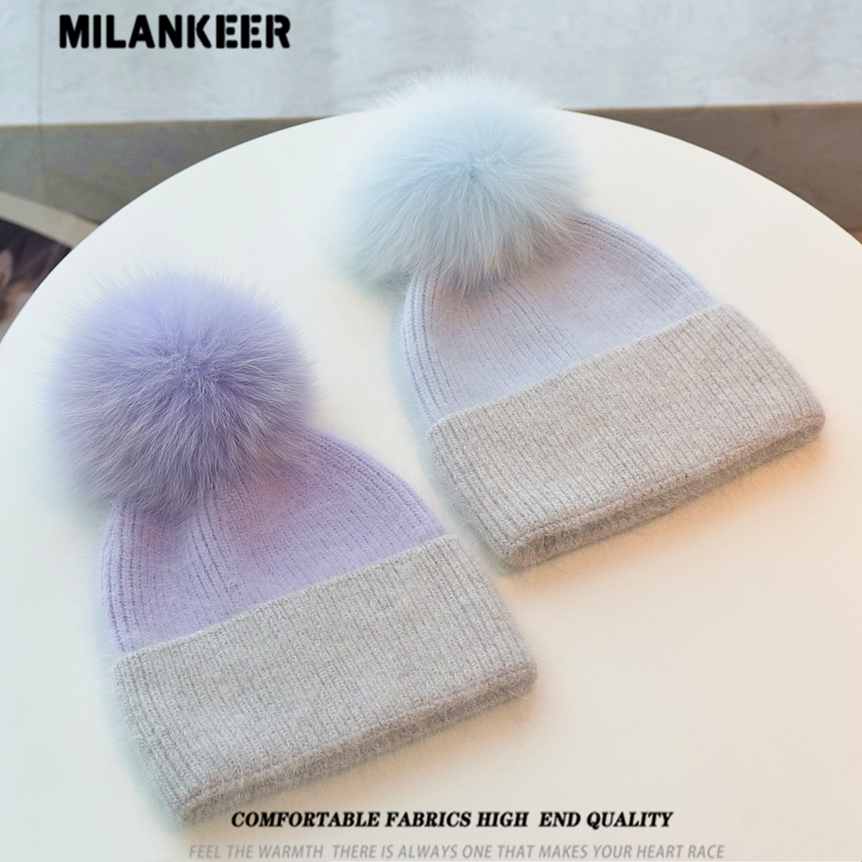 冰岛兔毛拼色针织帽秋冬保暖