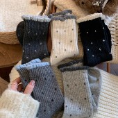 秋冬季 款 加厚保暖花边百搭袜子女中筒袜黑白圆点波点灰色冬天