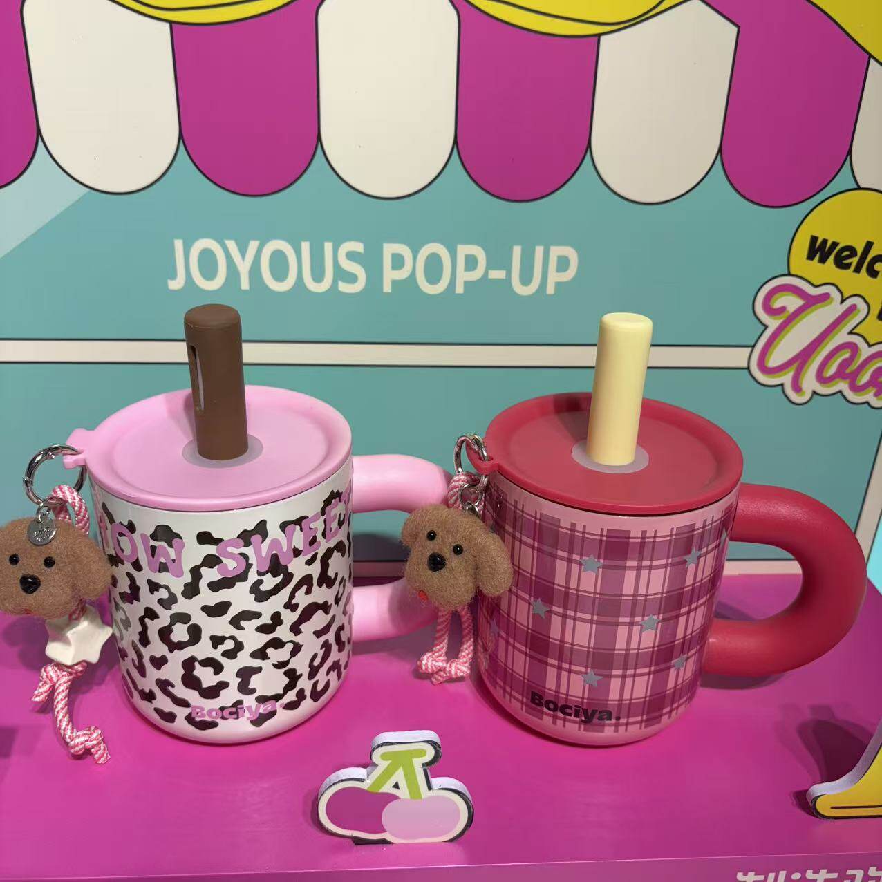 豹纹手柄桌面杯600ML大容量高颜值316无缝内胆吸管杯便携可爱风