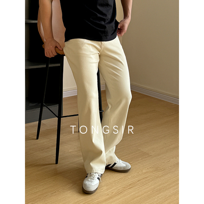 TONGSIR 秋冬米白色高级感宽松直筒牛仔裤男长裤显腿长弹力休闲裤