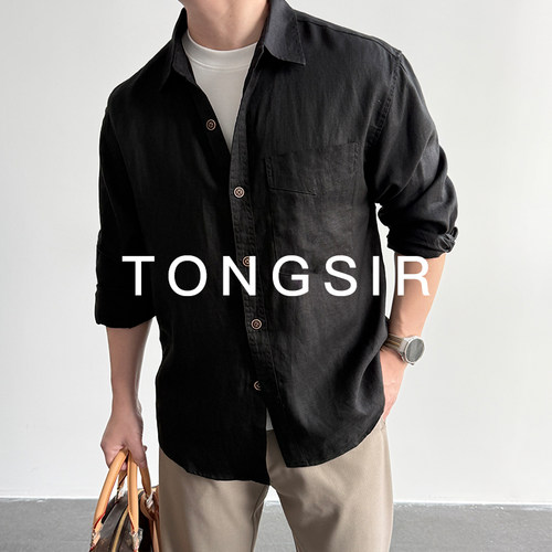 TONGSIR 亚麻&莱赛尔夏季老钱风衬衫男宽松百搭休闲长袖衬衣外套