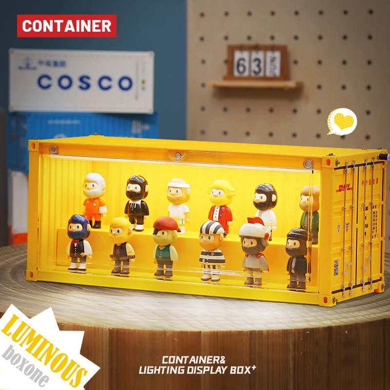 黄色msc集装箱灯光展示盒dhl带灯发光手办摆件盲盒公仔娃娃展示柜