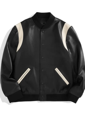 吊价2980（鸟）男士绵羊皮真皮皮衣撞色棒球领皮夹克外套C4F05/G4