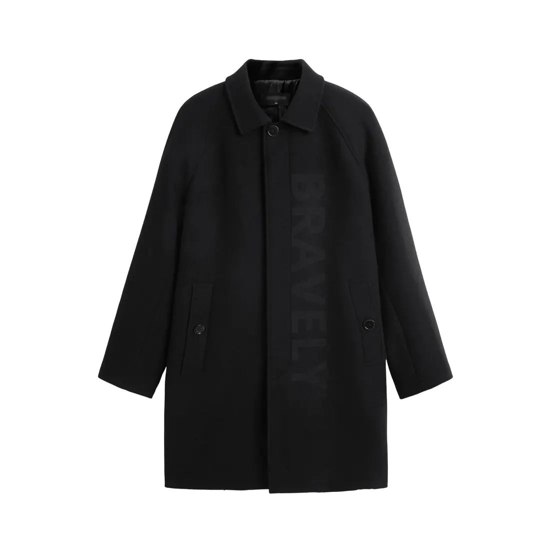 时尚字母暗纹中长款翻领羊毛大衣