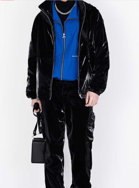 商场款秋季男士美式机能风亮面鲨鱼皮抽绳连帽休闲外套90260/H1