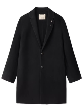 山羊绒+绵羊毛(鸟)男士中长款黑色大衣通勤双面昵子外套C4Y02/K9