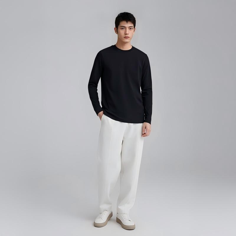 （白家）2024男士春秋万搭黑色丝光棉圆领长袖T恤新疆棉打底衫H17