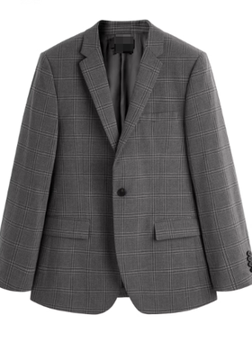 (鸟)男士灰格纹西服套装商务休闲西装卷边西裤两件套潮C3X09/i13