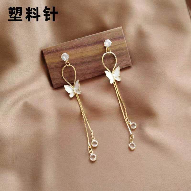塑料针耳饰简约蝴蝶长款流苏锆石耳坠纯银耳针百搭防过敏耳环女潮