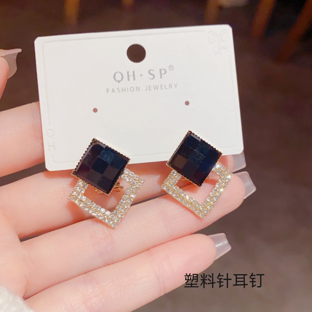 塑料针耳钉S925银针双菱形耳环耳扣新款潮网红百搭仿珍珠耳钉高级