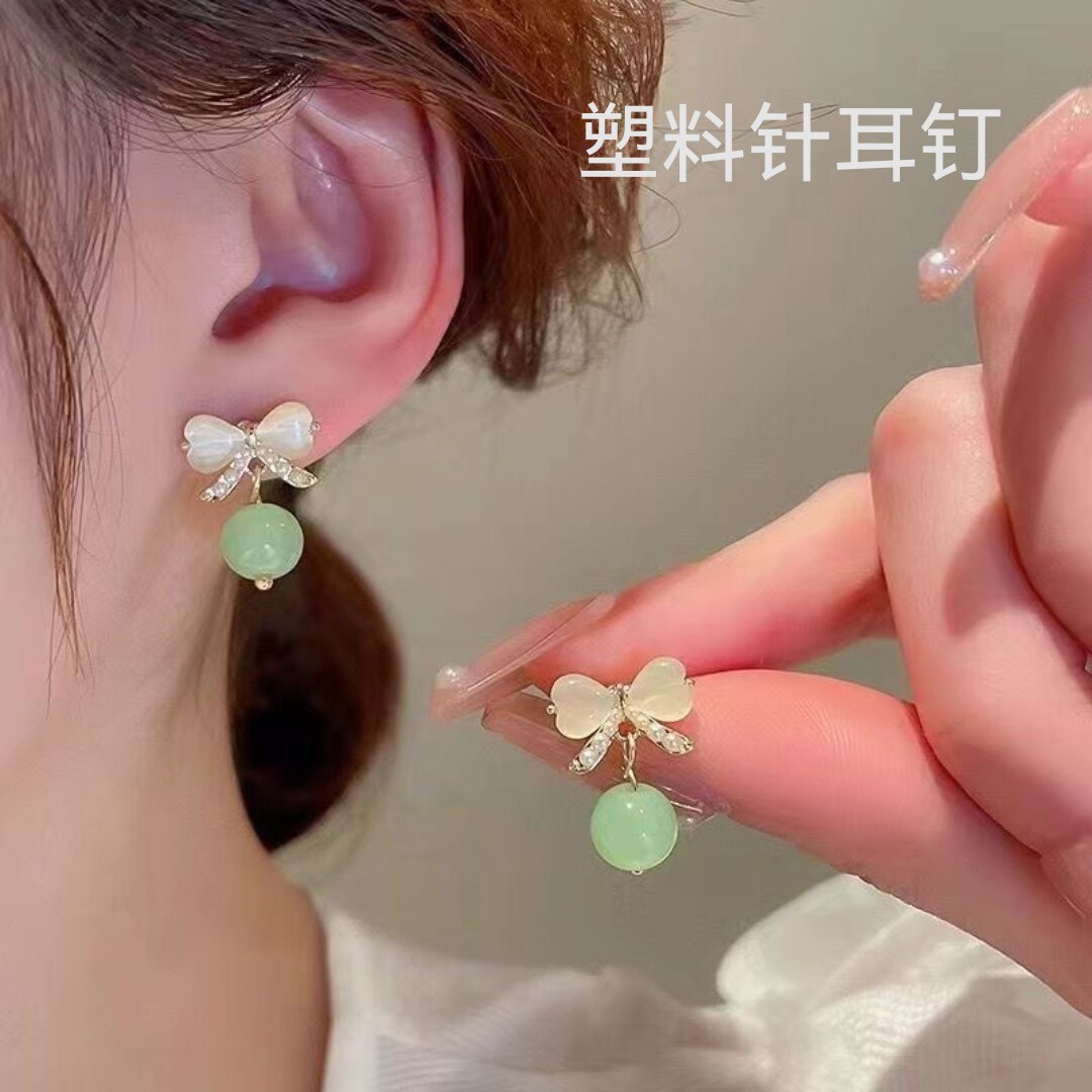 塑料针国潮温柔猫眼蝴蝶结耳环潮流小清新百搭简约古风气质珍珠女