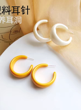 塑料树脂耳针耳钉防过敏C字耳圈925银针学生气质新潮养耳洞耳饰品