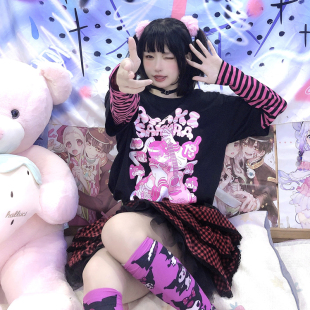 断片小说 条纹假两件T恤复古原宿风宽松日系甜美上衣 原创漫画长袖