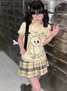 断片小说 原创 卡通欧摇滚修身合身短袖印花T恤二次元黄色上衣女