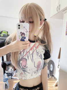 纯棉短T恤 辣妹插肩T恤短露脐y2k亚文化修身 断片小说 原创二次元