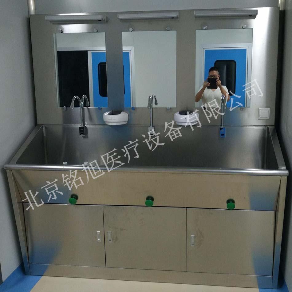 医用手术室304不锈钢脚踏感应膝碰式双人位洗手池 带热水器污水槽