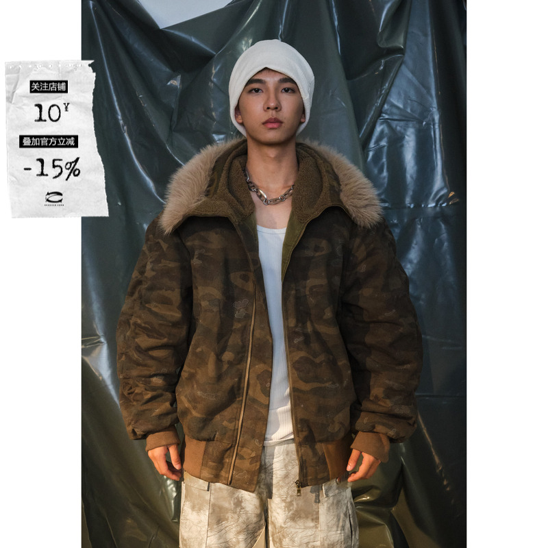 RecoverZone 24AW迷彩加绒毛领重磅外套美式复古设计感夹克外套