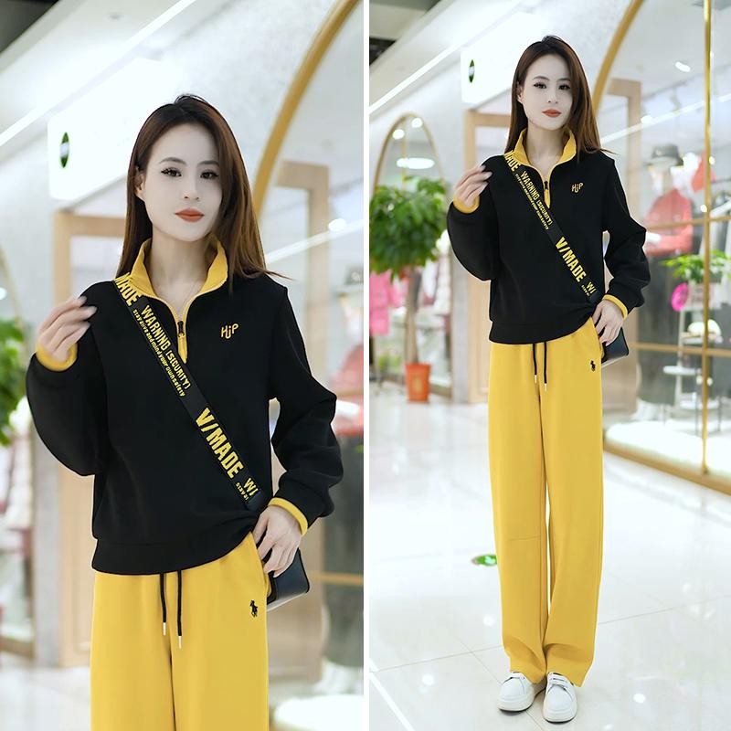 时尚休闲运动套装女2025春秋夏季新款半拉链卫衣黄色卫裤阔腿裤子
