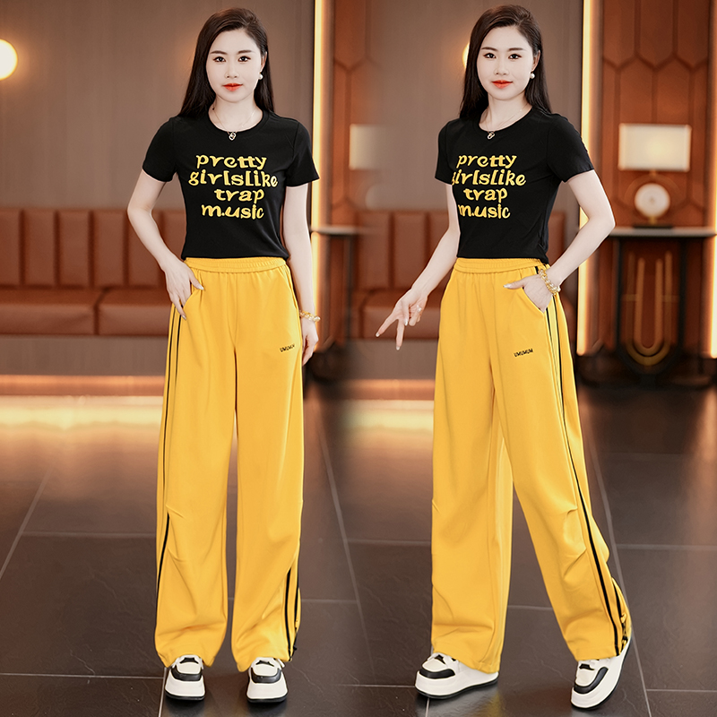 黄色时尚休闲套装女2025夏季新款短袖T恤阔腿裤爵士广场舞两件套
