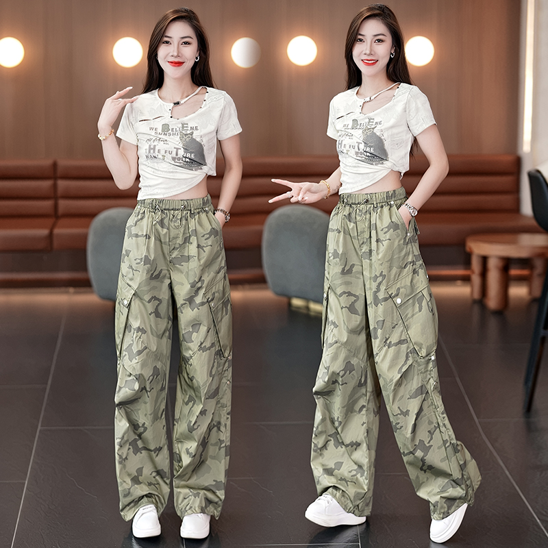 迷彩工装直筒裤时尚套装女2025夏季新款广场爵士舞两件套短袖t恤