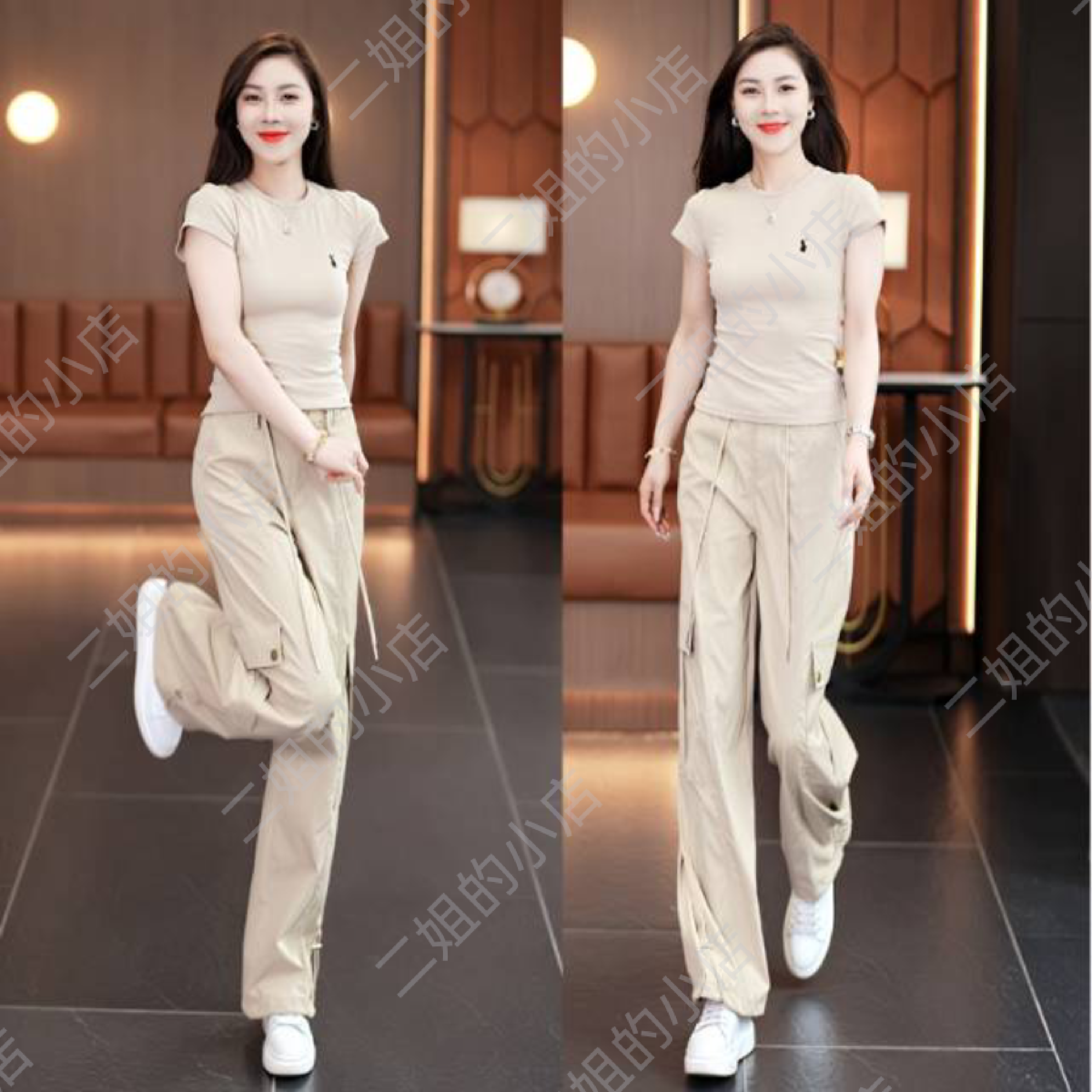 时尚休闲工装裤套装女2025夏季新款洋气显瘦短袖T恤阔腿裤两件套