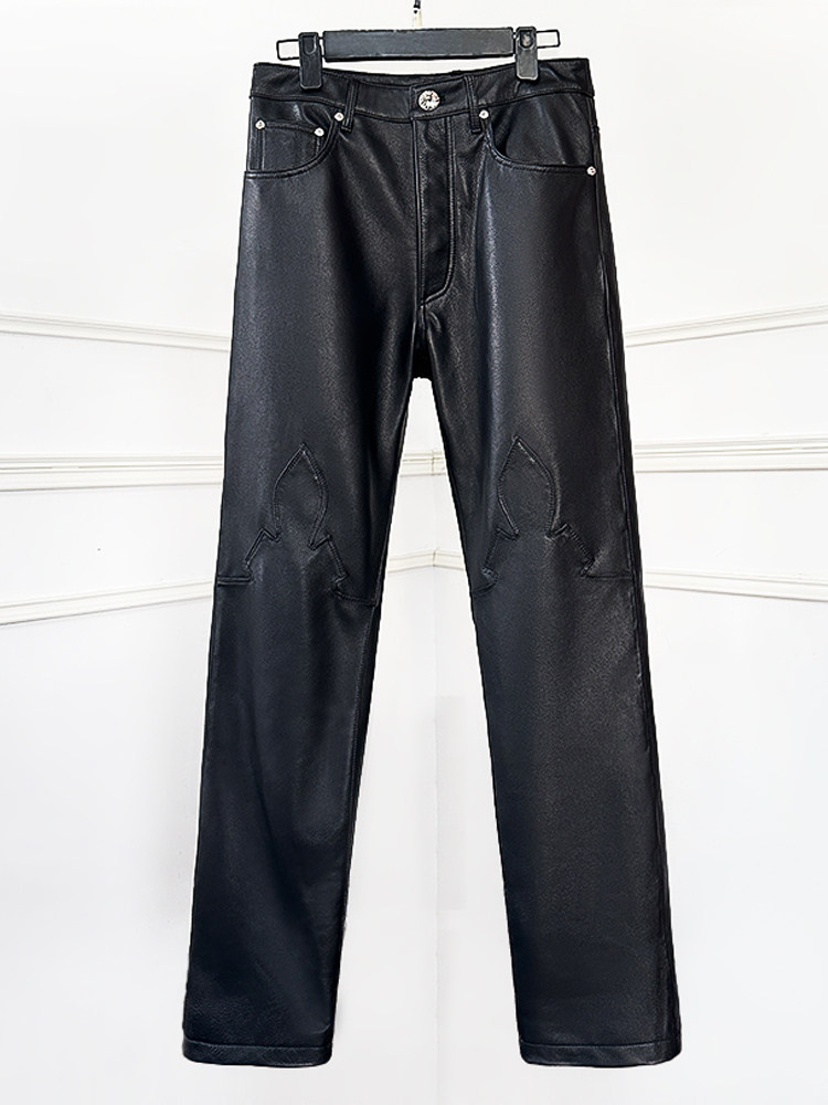 Europe    69800CH style top layer leather genuine leather trousers loose coat male Riding Straight cylinder Silver accessories leisure time tide